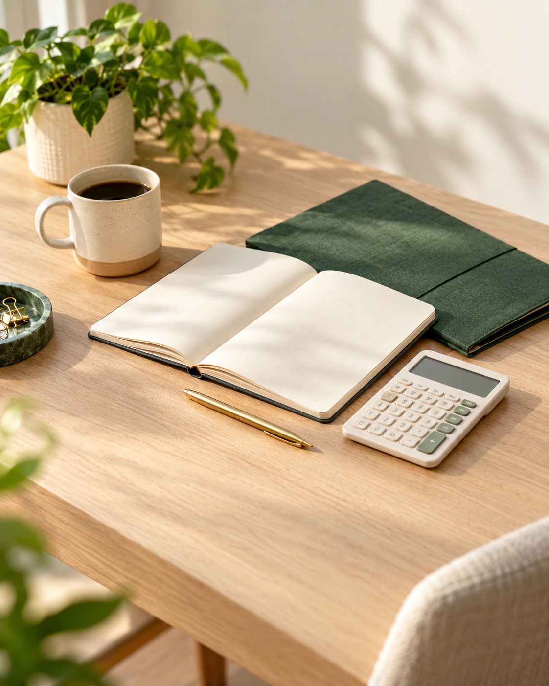 Organized workspace with notebook, calculator, green folder, and plant